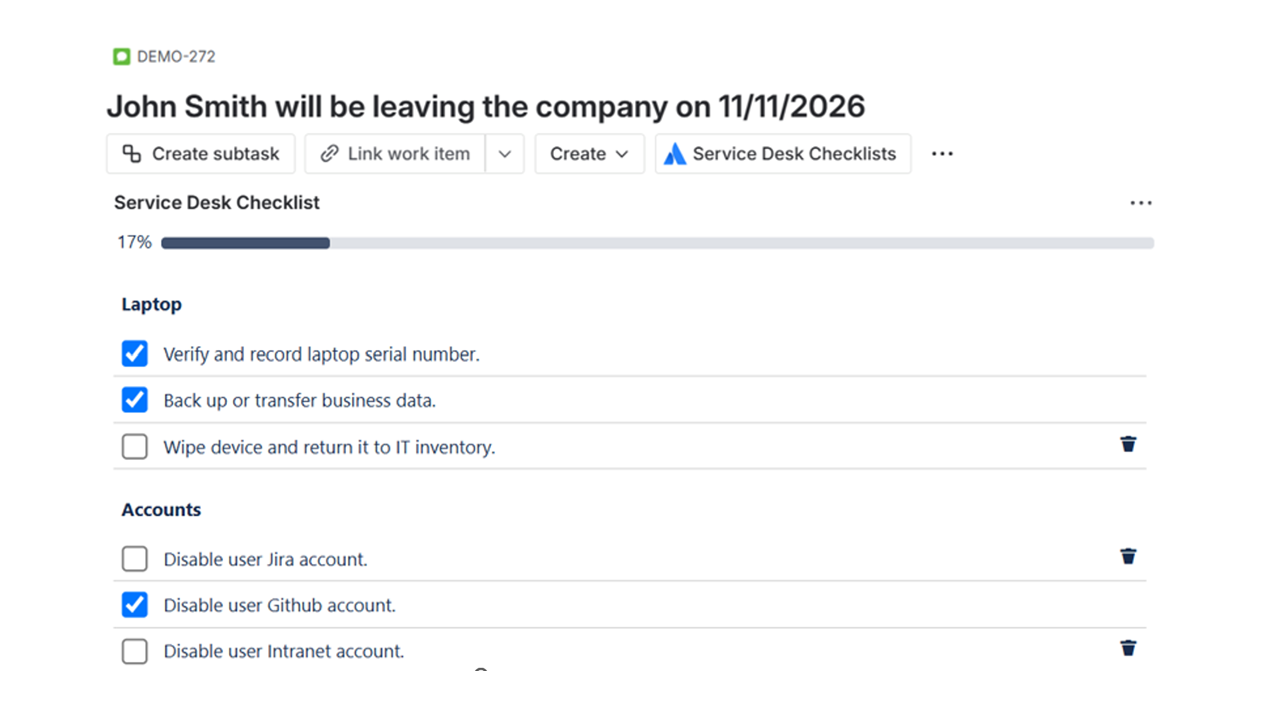 Service Desk Checklists – progress and notifications